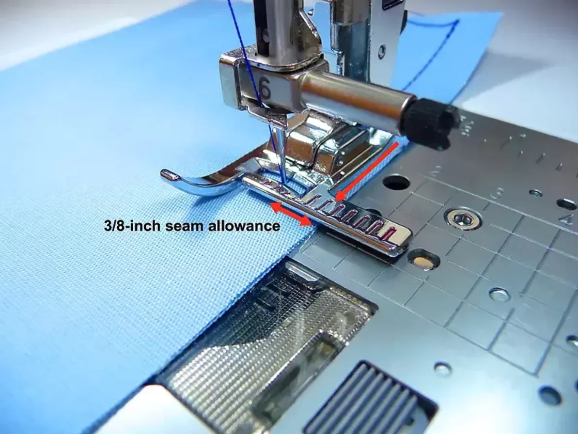 3/8-inch seam allowance shown on a sewing machine with fabric