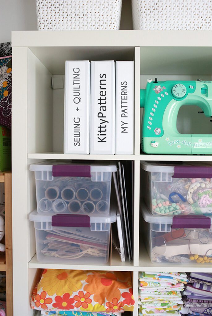 Printed patterns stored on shelf in folders