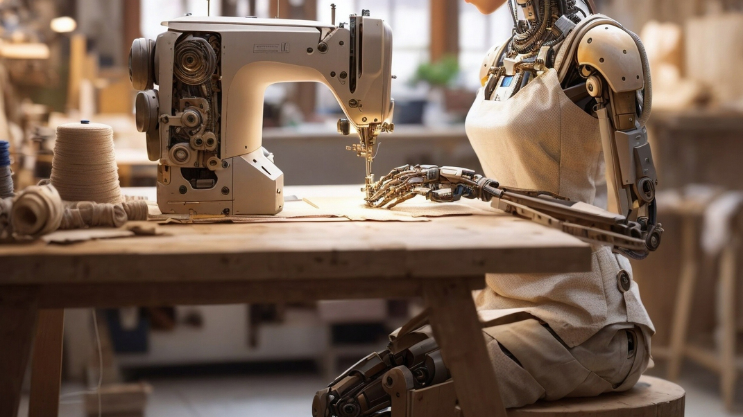 robotic seamstress assistant near sewing machine